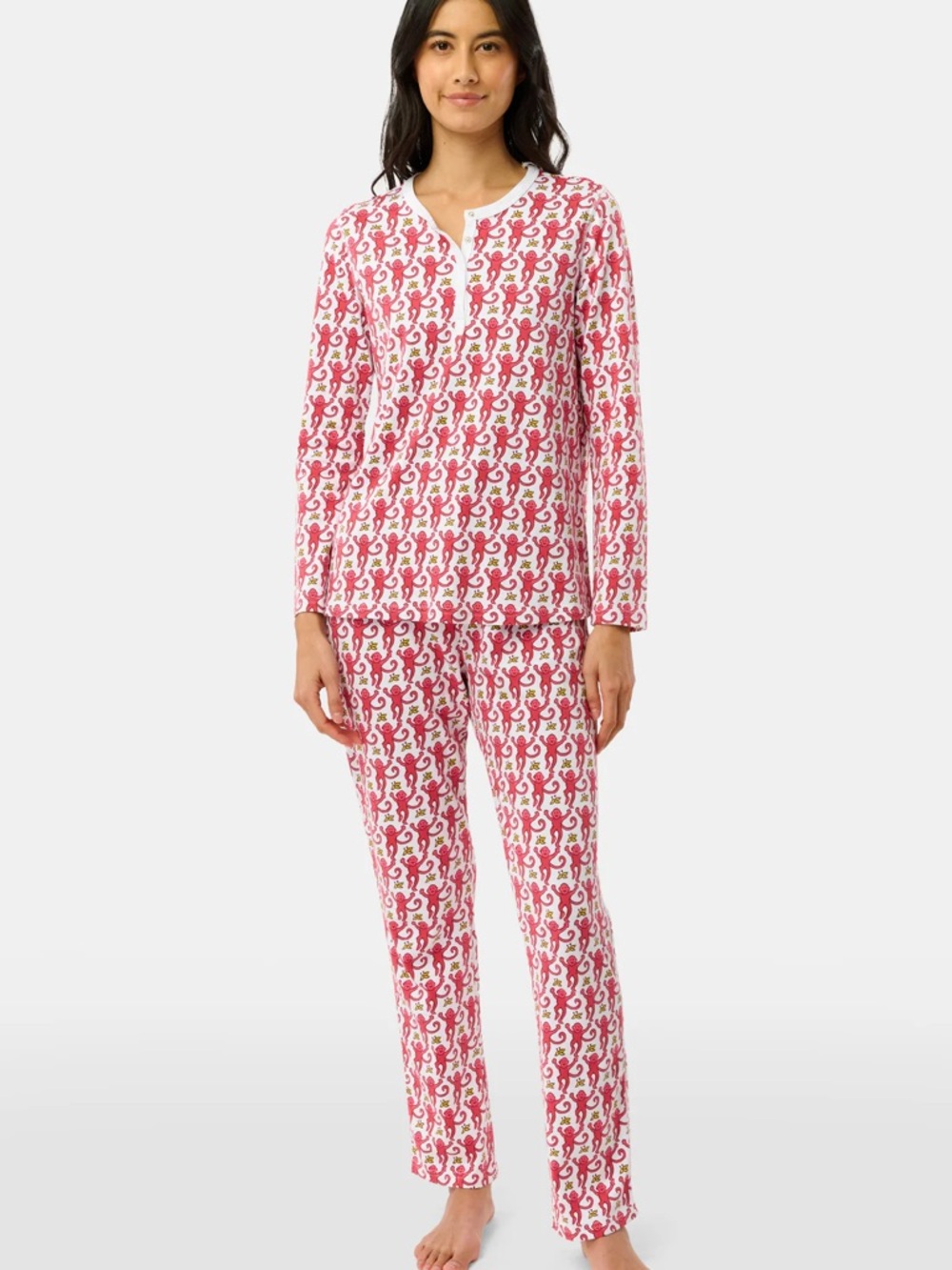 Roller Rabbit Pink Monkey Print Henley Pajama Set